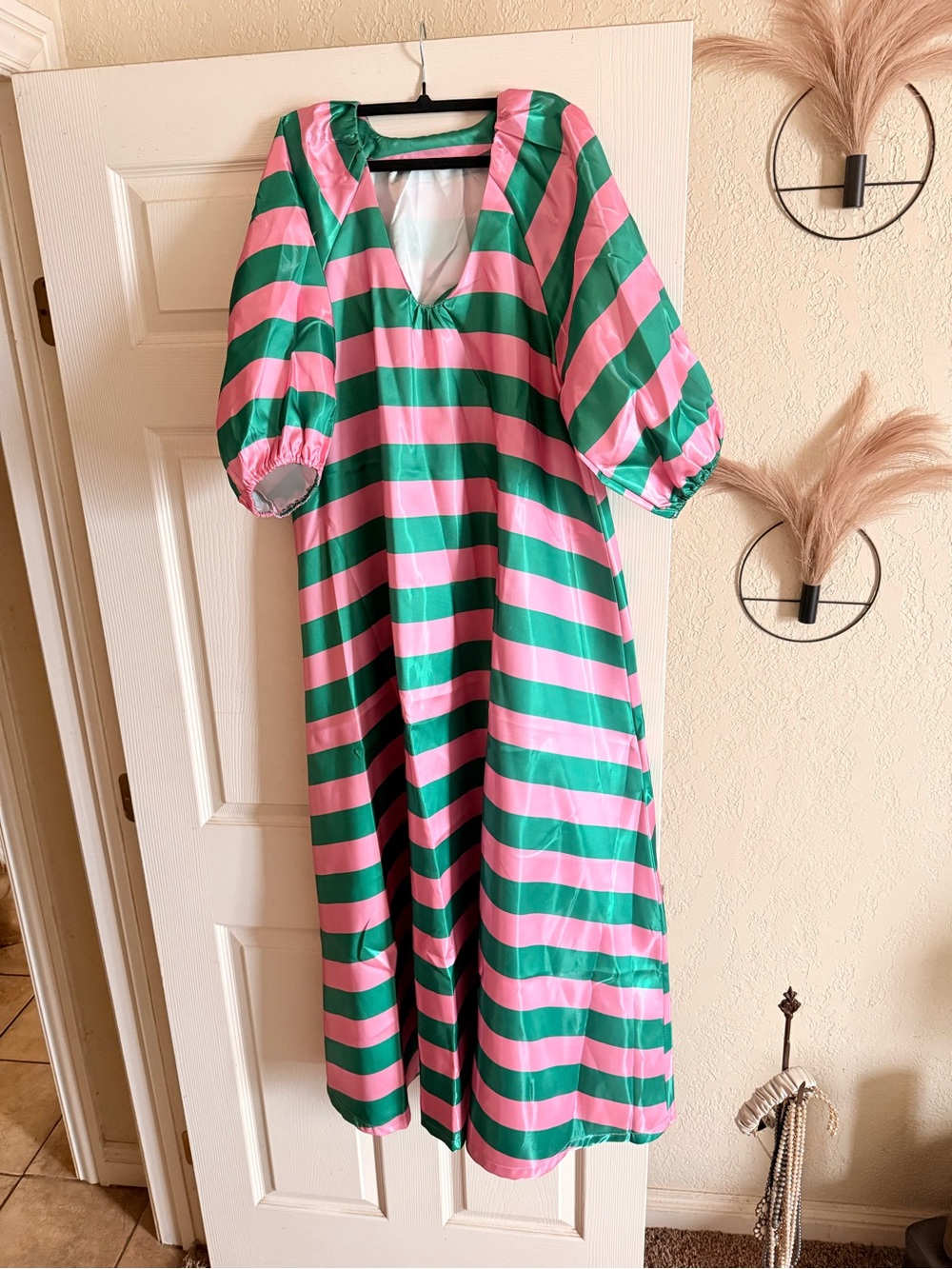 SHEIN Pink and Green Asymmetrical Striped Midi Dress